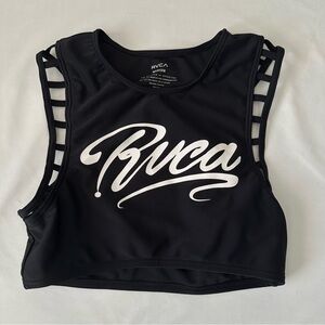 RVCA Runway Crop Swim Top White Script Logo Caged Cutout Details Black Medium